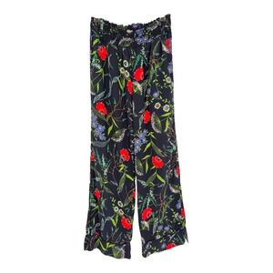 Aerie Floral Wide Leg Pants Smocked High Waist Navy Blue Boho Size Small